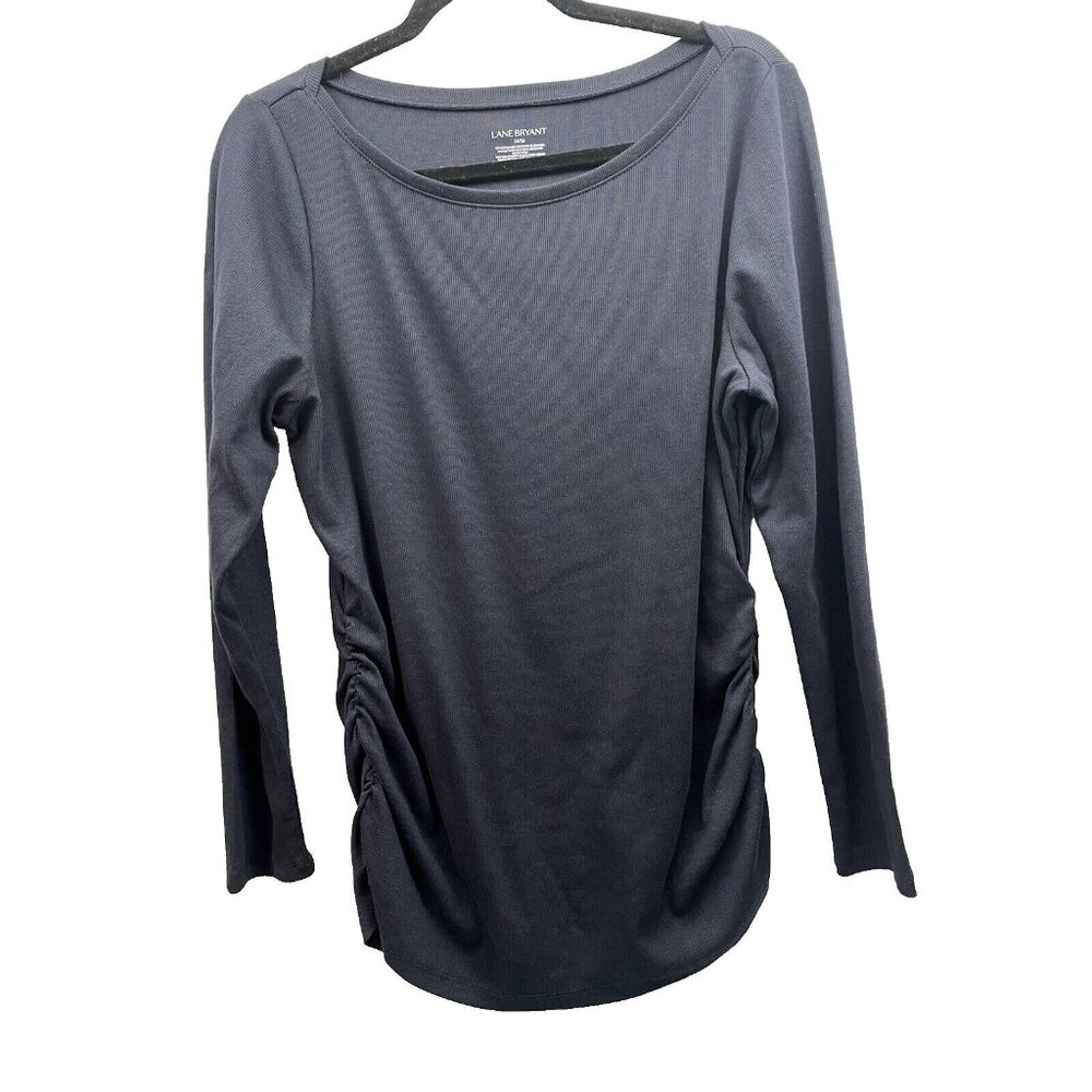 Lane Bryant Womens T-Shirt Navy Blue Ruched knit Long Sleeve Size 14/16